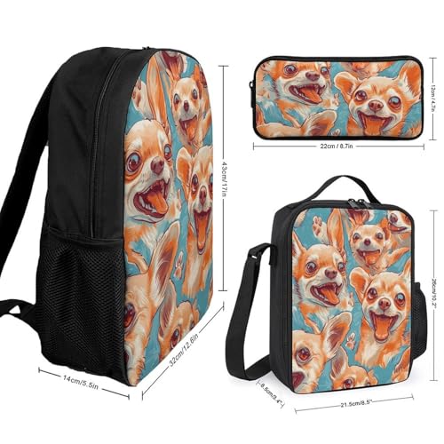 Happy Chihuahua Dogs Classic Backpack Lunch Bag Pencil Case 3 Piece Set Travel Daypack2