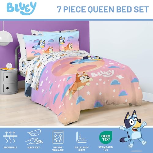 Image of Jay Franco Bluey & Bingo Queen Comforter Set - 7 Piece Bedding Includes Sheet Set & Pillow Covers - Super Clouds & Stars Cozy Bedding