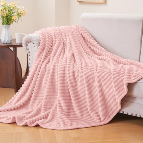 Image of BEDELITE 3D Ribbed Light Pink Fleece Twin Blanket for Couch, 60x80 Inch