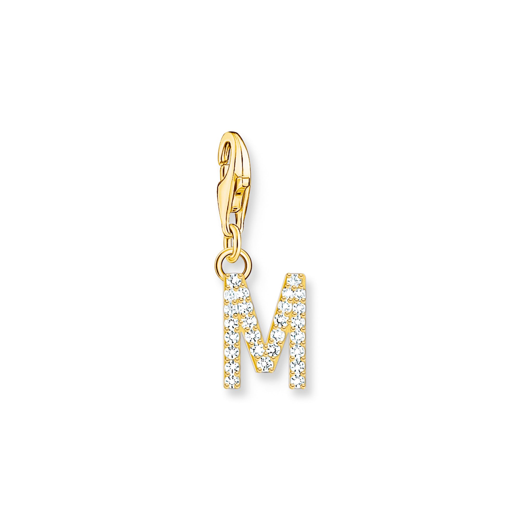 THOMAS SABO Charm-Anhänger Buchstabe M mit weißen Steinen vergoldet 750 Gelbgold Vergoldung, 925 Sterlingsilber