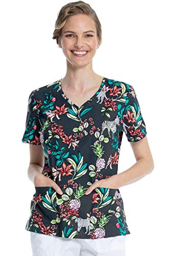 ScrubStar Women's XLarge - Jungle Life - V-Neck w Pockets - Scrub Top Black
