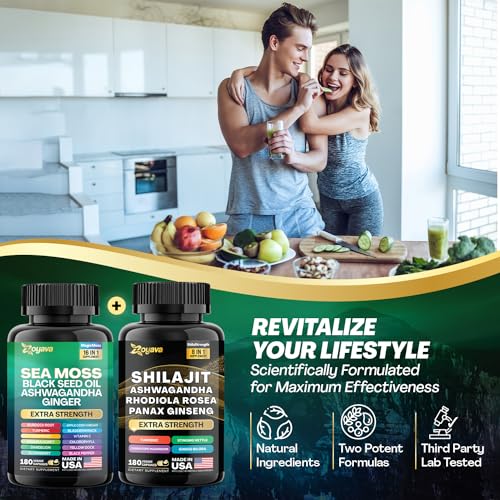 Zoyava Dynamic Vitality Bundle, Sea Moss and Shilajit Bundle, Sea Moss 7000mg, Black Seed Oil 4000mg, Ashwagandha 2000mg, Ginger & Shilajit 9000mg, Rhodiola Rosea 1000mg, Panax Ginseng (3 Pack)