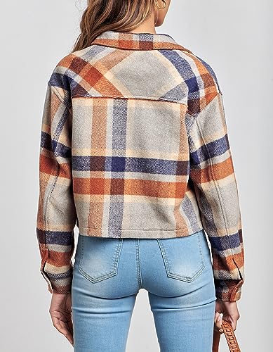 CFLONGE Women's Casual Jacket Coats Button Down Corduroy Cropped Shacket Plaid Long Sleeve Flannels Shirts for Women Jackets4