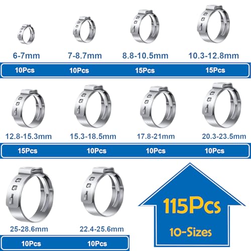 Image of 115Pcs 10-Sizes 304 Stainless Steel Single Ear Hose Clamps with Ear clamp plier 6-28.6mm Crimp Hose Clamps Assortment Kit for Auto /Home Appliance /Pipe /Fuel Line Stepless hose clamp with pincer