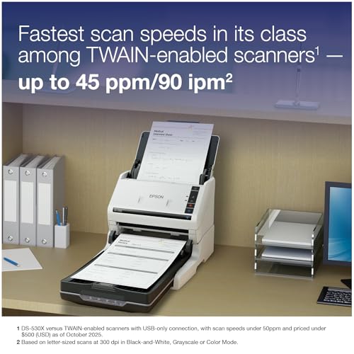 Image of Epson DS-530X Color Duplex Desktop Document Scanner, up to 45 ppm, USB Connectivity, 100-Page Auto Document Feeder (ADF), Twain and ISIS Drivers