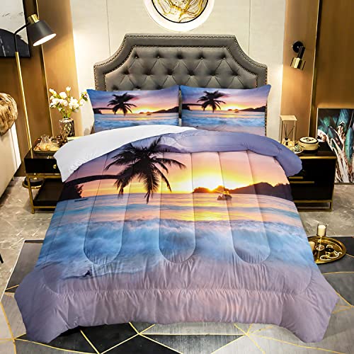Image of AILONEN Beach Comforter Set for Kids Boys Girls, Ocean Theme Bedding Set Queen Size,Beach Pattern Quilted Duvet,Ultra Soft Coastal Beach Quilt,1 Comforter 2 Pillowcases 3 Piece