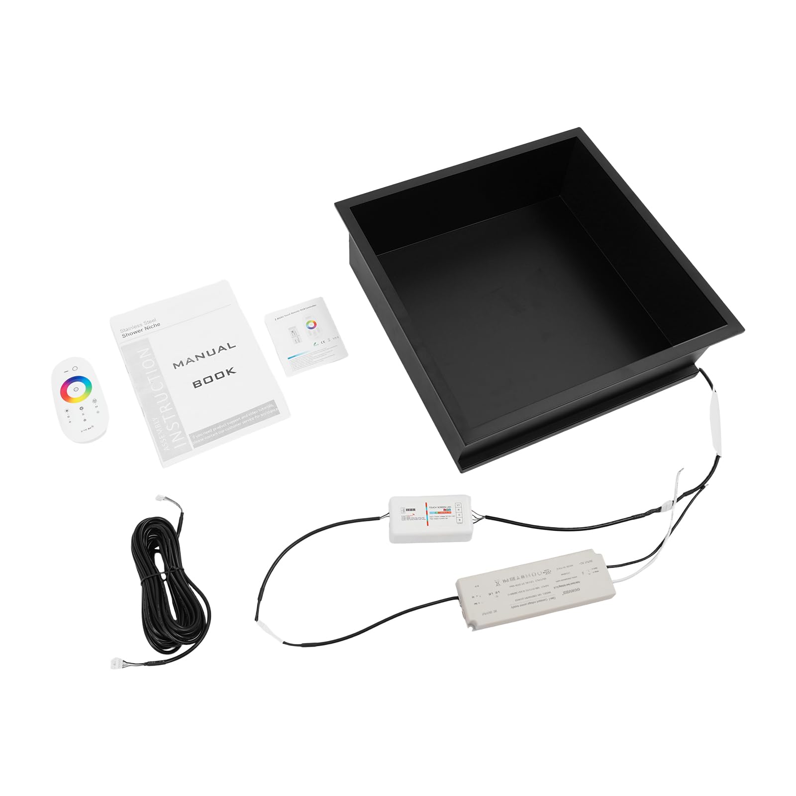 Edelstahl Wandnische mit RGB LED Beleuchtung, 304, Schwarz | Unterputz Wandnische mit RGB LED Beleuchtung und 91,5° Gefälle für Badezimmer und Dusche–inklusive Fernbedienung und Netzteil