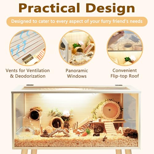 Prolee Hamster Cage Wooden Chew Proof, Extra Large Mice and Rat Habitat Openable Top with Acrylic Sheets Solid Built Small Animal Cage with Leg Stands, 32 Inch Long - Thumbnail 3