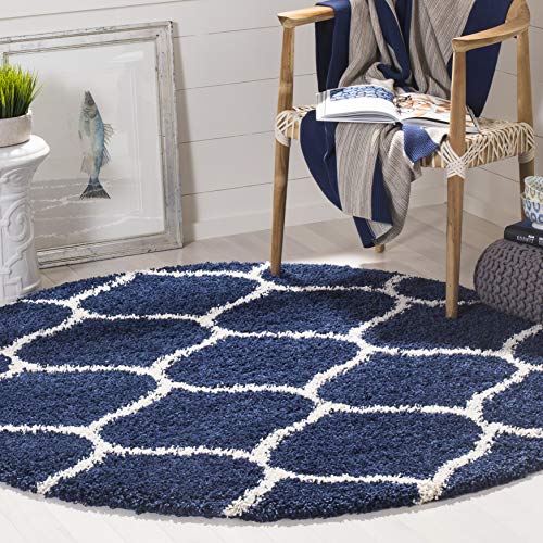 Safavieh Hudson Shag Collection SGH280C Moroccan Ogee Plush Area Rug, 5' Round, Navy/Ivory