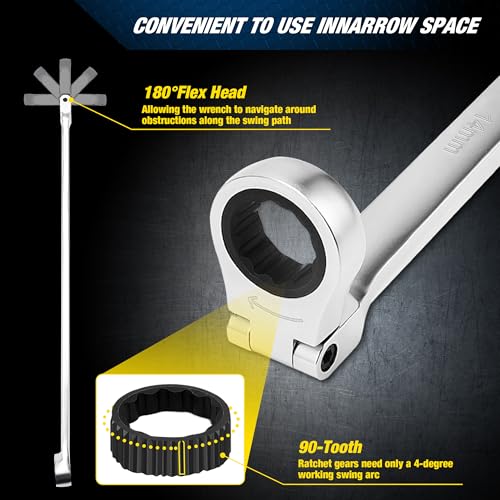 Image of PRIDE&CRAFT Extra Long Ratcheting Wrench 14mm, Metric Flex Head Double Box End, 2X Longer Wrenches, Chrome Vanadium Steel with 90-Tooth Ratchet for Automotive Repair