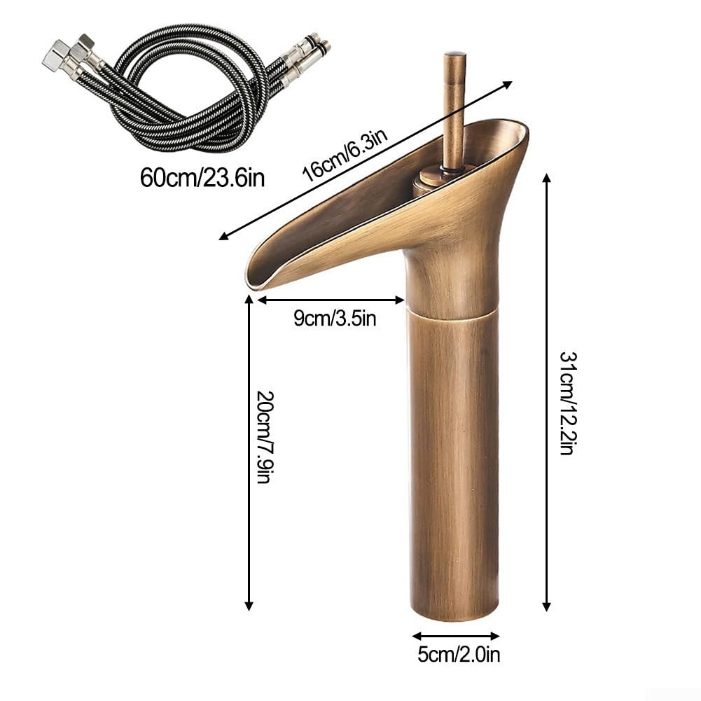 EasyByMall Robinet mitigeur de lavabo cascade, robinet d'évier de salle de bain, robinet de tasse à vin en cuivre, robinet mélangeur de lavabo chaud et froid, robinet à levier unique en laiton