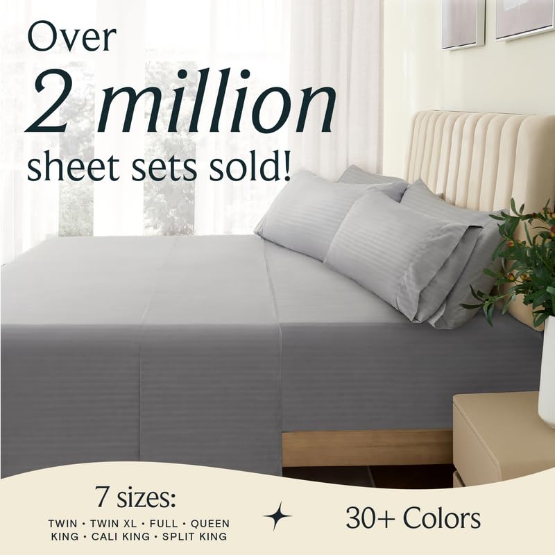 Image of LuxClub 5 PC Split King Size Sheet Set Bed Sheets, Breathable Luxury Sheets, Deep Pockets 18 inch Wrinkle Free Cooling Sheets Machine Washable Hotel Bedding (Split King, Striped Light Grey)