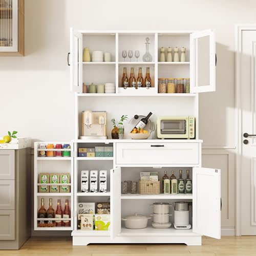 Image of Shintenchi Kitchen Pantry Storage Cabinet, Freestanding Buffet Cabinet with Microwave Stand & 4 Door Shelves, Kitchen Hutch with Doors, Adjustable Shelves and Wine Rack, White