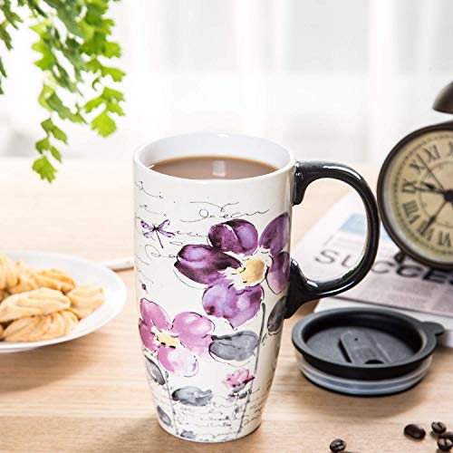 DUSVALLY Ceramic Mug Coffee Mug with Lid Porcelain Cup with Box Latte Mug 17oz. Purple Flowers, Purple,red, 13.21 cm x 15.75 cm - Image 4