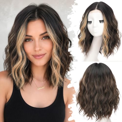 Eawwii Brunette with Blonde Highlights Short Wavy Wig for Women