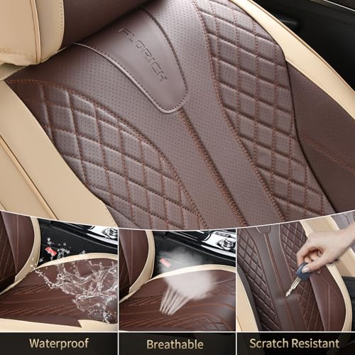 Image of FLORICH Front Seat Covers 2 Pieces Universal Seat Cover for Cars Breathable Leather Waterproof Car Seat Cover Driver Seat Cover Automotive Car Seat Cushion Fit for Most Cars SUV Trucks, Beige&Coffee