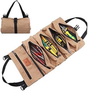 FIREDOG Tool Roll Organizer, Wrench Roll Up Pouch Bag with 5 Zipper Pockets Multi-Purpose Canvas Tool Roll for Electrician, HVAC, Plumber, Carpenter or Mechanic (Khaki)