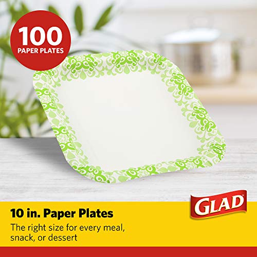 Glad Square Disposable Paper Plates For All Occasions | Soak Proof, Cut Proof, Microwaveable Heavy Duty Disposable Plates | 10" Diameter, 100 Count Bulk Paper Plates Green #TOP1