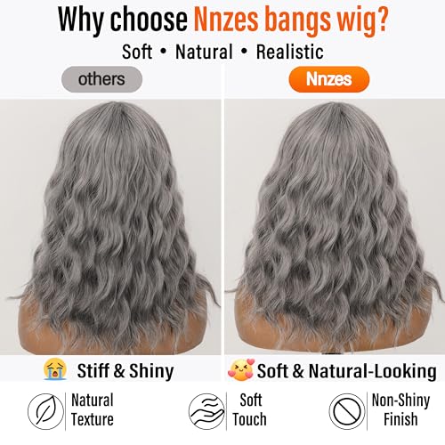 Image of Nnzes Short Wavy Bob Wig with Bangs for Women Shoulder Length Curly Soft Silver Gray Mix Synthetic Heat-Resistant Fiber Hair for Daily & Party Use