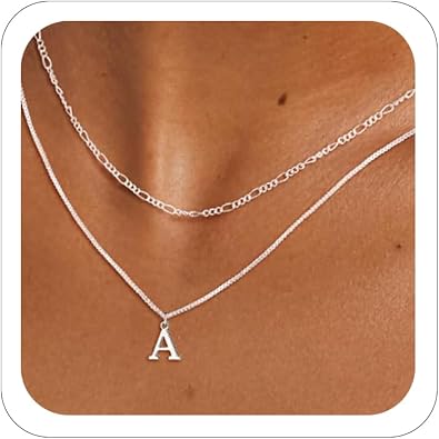MBW Silver Initial Necklaces for Women, Simple Waterproof Layered 925 Silver Plated A-Z Pendant Necklace Thin Dainty Figaro Choker Monogram Name Jewelry Set Personalized