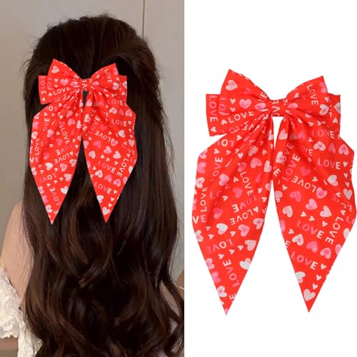 Totelux Valentines Bow Hair Clips Heart Love Hair Ribbon Spring Clip Large Bowknot Hair Barrette for Women Girls Silk Satin Valentines Hair Accessories Red