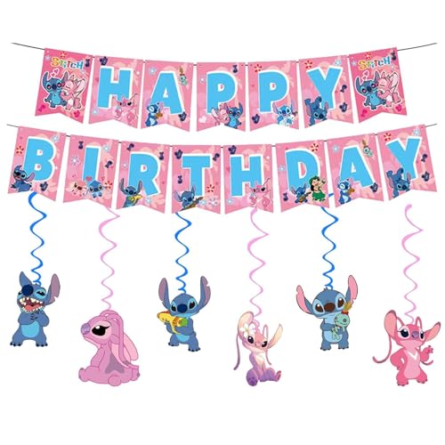 For Stitch Happy Birthday Banner Party Decoration With 7PCS Vortex Decorative Pendants