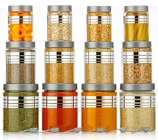 Plastic Pet Storage Plastic Jar and Container, Set of 12 With Spoons Air Tight | Kitchen Organiser Improved Model Silver line Printed