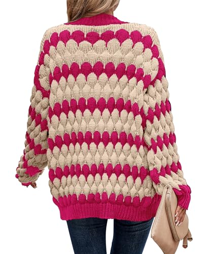 KIRUNDO Womens Cardigans Cute Color Block Stripe Long Sleeve Cardigan Sweaters Crochet Chunky Knit Sweater Outwear Trending Clothes for Women 2026 Hot Pink Outfits(Rose Red, X-Large) — view 2
