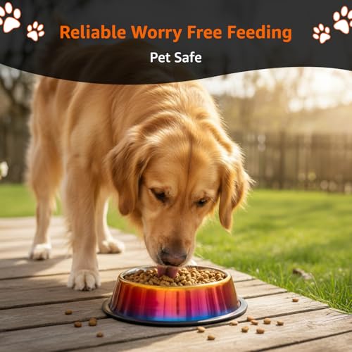 Image of Amazon Basics Stainless Steel Pet Feeding Bowls for Dog & Cats | Anti Slip Base | Set of 2 | 700 ml Each | Rainbow Color