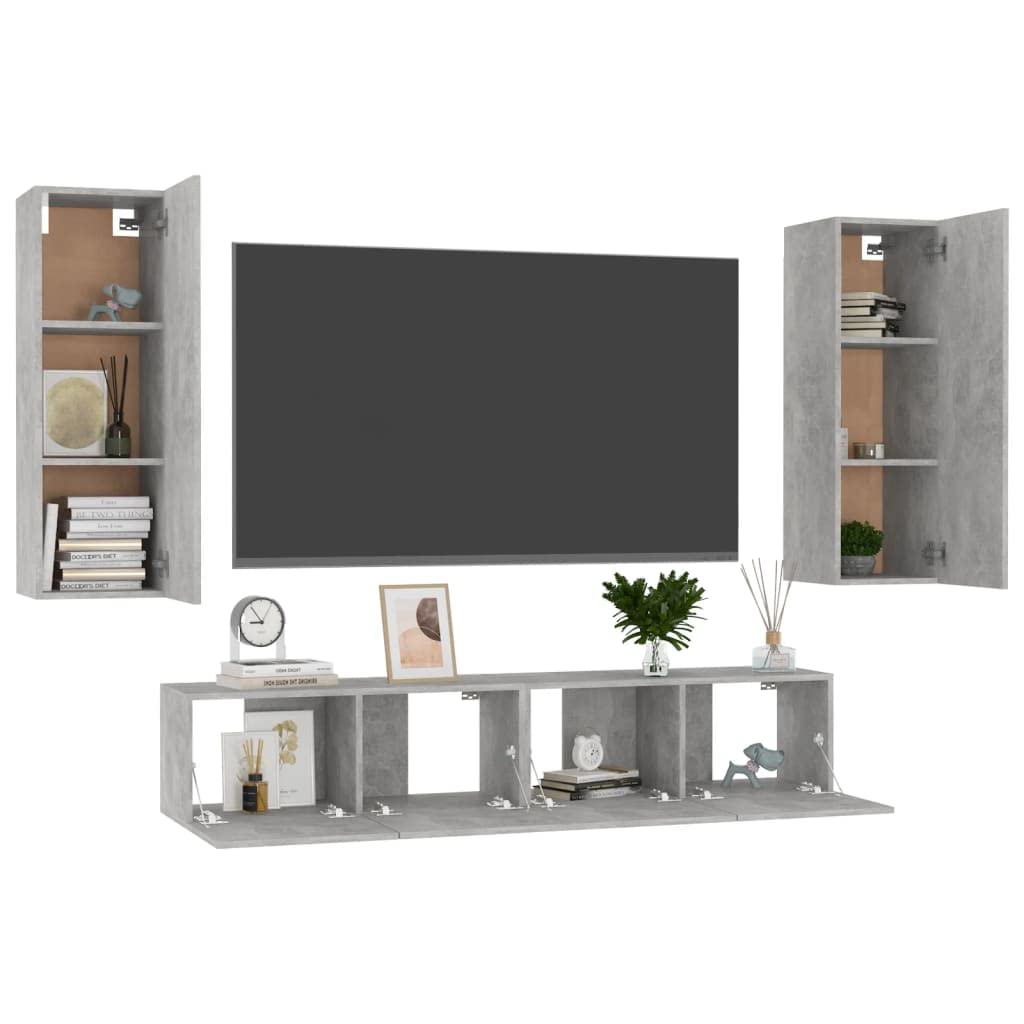 VidaXL Mobile TV A Muro Con LED 4 Pezzi – Grigio Cemento, Moderno E Salvaspazio - 3