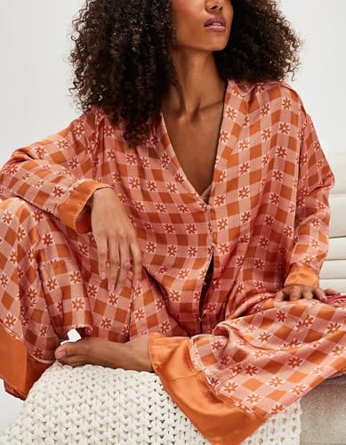 Image of LILTWIST Silk Satin Pajamas Set for Women 2 Piece Floral Pjs Wide Leg Lounge Pants Set Long Sleeve Button down Pj Shirts Set