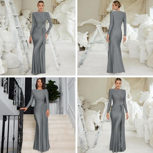 Image of RARITYUS Women's Elegant Knot Ruched Long Sleeve Maxi Dress Shoulder Pads Long Formal Dress Cocktail Evening Party Dress