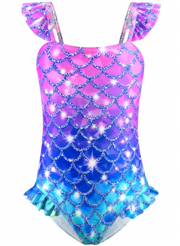 Image of DAXIANG Girls One Piece Ruffle Strap Swimsuit Quick Dry Mermaid Swimwear Beach Sport Bathing Suit for Toddler Kids 4-11 Years