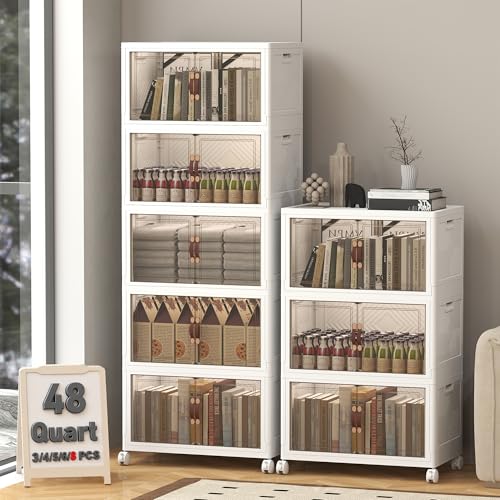 Image of UAMFURI 384QT Lockable Storage Bins with Lids - Stackable Storage Cabinet with Doors and Wheels, Collapsible Plastic Organizer and Containers for Closets, Office, 8 Pack Cubes