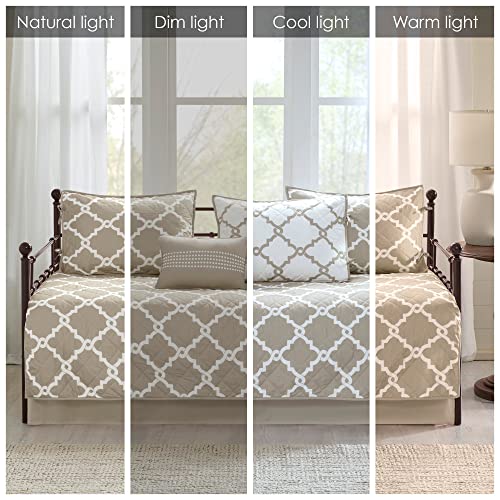 Madison Park Essentials Merritt Reversible Daybed Cover-Fretwork Print, Diamond Quilting All Season Cozy Bedding With Bedskirt, Matching Shams, Decorative Pillow, 75 In X 39 In, Taupe 6 Piece #TOP1