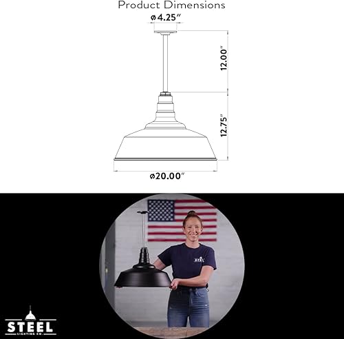 Miniatura 8 de Steel Lighting Co. Manhattan Warehouse Light  Colgante montado en el techo  Cúpula de 20 pulgadas  vástago de 12 pulgadas  Luz de granero de acero