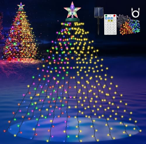 Solar Christmas Tree Lights with Star Topper, 410 LED 6.6FT x 16 Lines Christmas String Lights with...