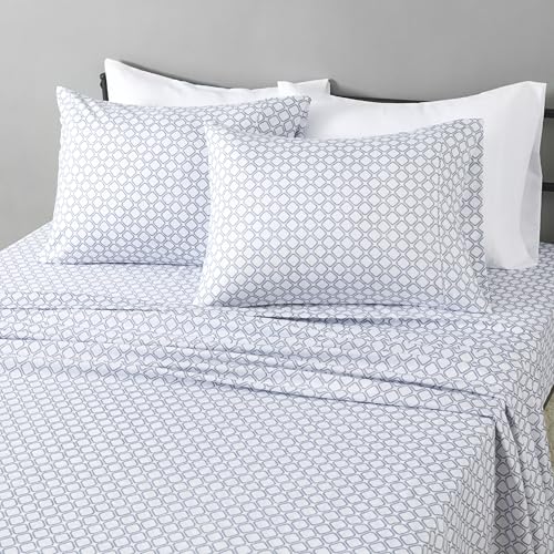 Image of Amazon Basics Ultra-Soft Lightweight Microfiber 4-Piece Bed Sheet Set with Flat Sheet and Fitted Sheet, Polyester, Machine Wash, Queen, Aqua, Printed
