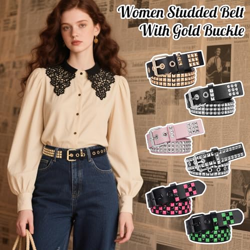Image of Studded Belt, Metal Punk Rock Rivet Belt with Bright Pyramid Studded for Women Men