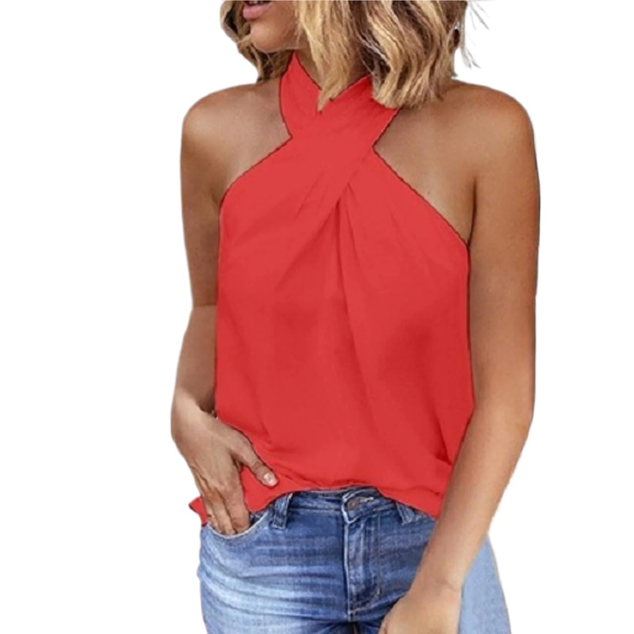 Top Halter Cruzado Camisolas Camisetas sin Mangas con Cuello Halter y Espalda Descubierta for Mujer, Casuales
