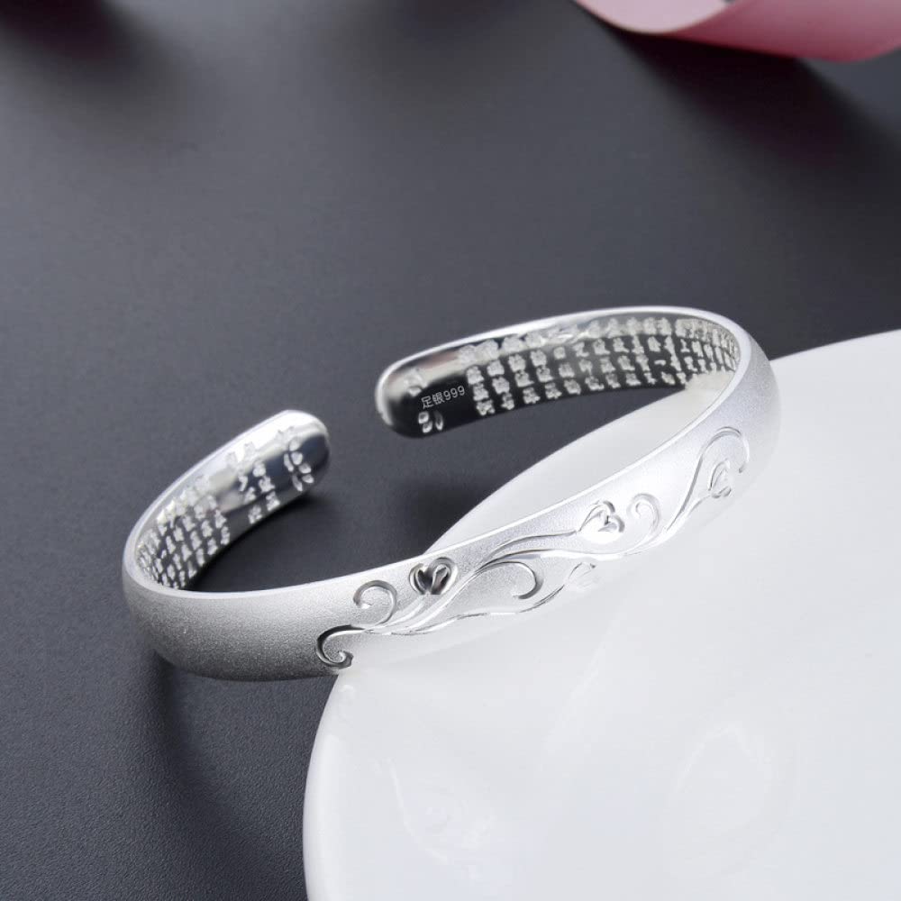 Armband Damen Silber,S999 Silberarmband Frosted Carved Heart Sutra Open Cuff Armreif Freundschaftsarmbänder Sterling Silber Schmuck Für Frauen Geschenk Freundin Frau