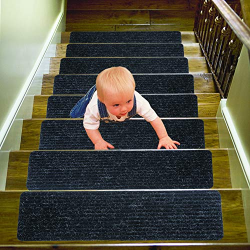 14 Pack-(8"x 30"), Non-Slip Stair Treads Carpet Indoor, Anti Slip Stair Mats, Skid Resistant Rubber Backing for Child Proofing/Pet Safety/Elderly Safety, Black