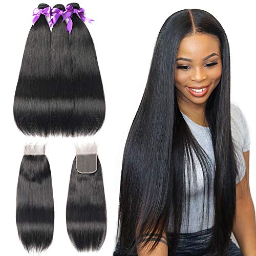 ALLRUN 9A Brazilian Straight Virgin Hair Bundles with Lace Closure (18 20 22+16) Unprocessed Straight Human Hair Bundles with Closure Free Part Natural Black Color