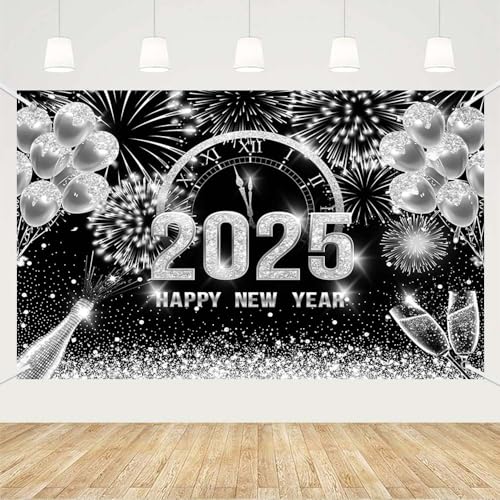 MEHOFOND 1,8 x 1,1 m Feliz Año Nuevo Banner para 2025 Reloj Plata Fuegos Artíficos Champán Nochevieja Decoración telón de Fondo Fotografía de Año Nuevo Banner de Fondo