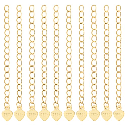 Beebeecraft 1 Box 10Pcs Extender Chain for Jewelry Making 18K Gold Plated 925 Sterling Silver End Tail Chain with Heart Charm Tag for Bracelet Necklace Extension DIY
