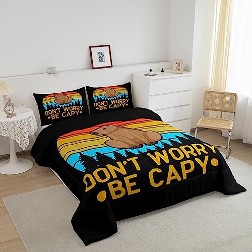 Capybaras Coverless Duvet for Capybara Lovers,Rainbow Funny Capybara Bedding for Kids Boys Bedroom,Woodland Natural Theme Duvet Set,Geoemtric Striped Black Quilt Duvet,Double - Image 2