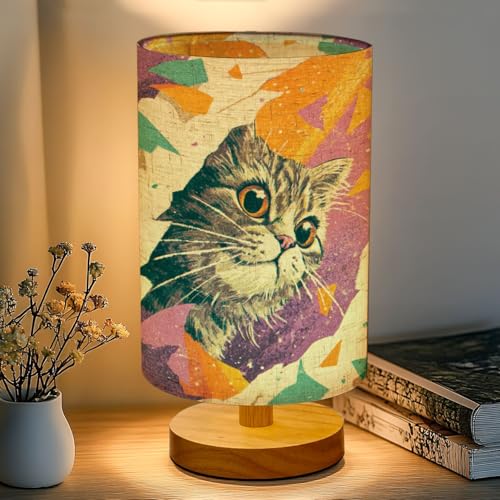 ベッドサイドランプ 間接照明 カラフルな紙の破片に囲まれたふわふわタビー猫のアートプリント テーブルランプ リネン 木製 円柱型 和風 調光 16色 調色 常夜灯 目に優しい 授乳 洋室旅館 寝室 (電球とリモコン付き)