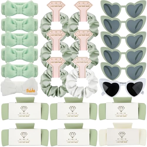 Bridesmaid Scrunchies Proposal Gifts 4.1inch square Hair Claws Bachelorette Hair Clip heart sunglasses gift for Wedding Party Favors (24pcs White&Sage Green headband)