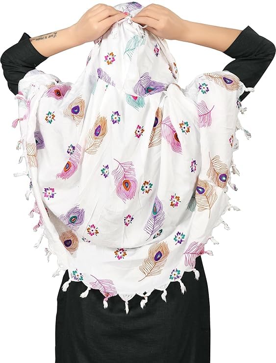 Image of Cotton Long Scarf Cum Mask Scarves Usable for Vehicle Driver | White Printed Design Fabric | Universal Size | Soft & Breathable Sun Protection | For Girl & Women