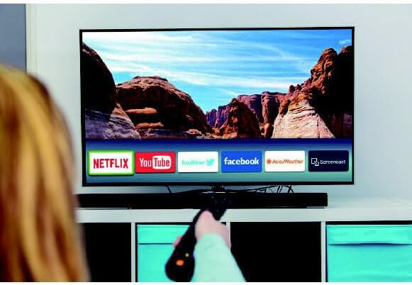 Supersonic Smart TV screen displaying app icons for Netflix, YouTube, Facebook, AccuWeather, and ScreenCast